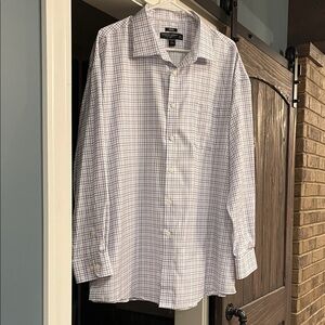 Pronto Uomo Men's White, Blue, and Brown Checkered Dress Shirt